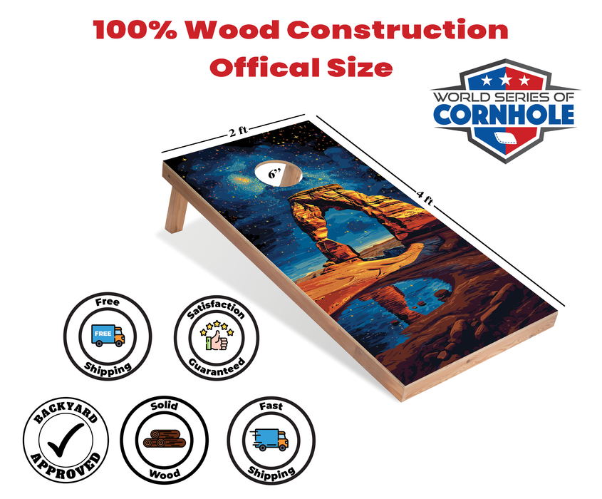 World Series of Cornhole Recreational Cornhole Set - Arches National Park Nighttime Boards with Red and Royal Blue Bags