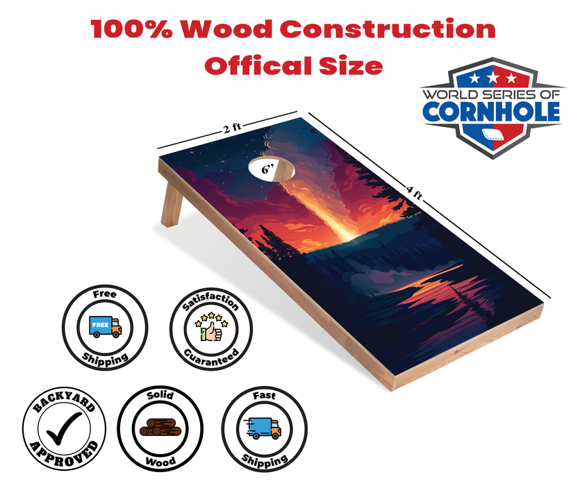 World Series of Cornhole Recreational Cornhole Set - Yellowstone Old Faithful National Park Nighttime Boards with Red and Royal Blue Bags
