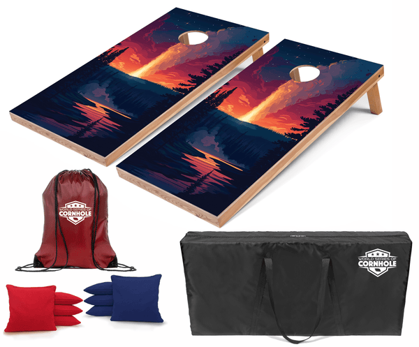 Recreational Cornhole Set World Series of Cornhole Recreational Cornhole Set - Yellowstone Old Faithful National Park Nighttime Boards with Red and Royal Blue Bags