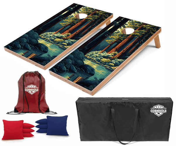 Recreational Cornhole Set World Series of Cornhole Recreational Cornhole Set - Redwood National Park Nightime Boards with Red and Royal Blue Bags