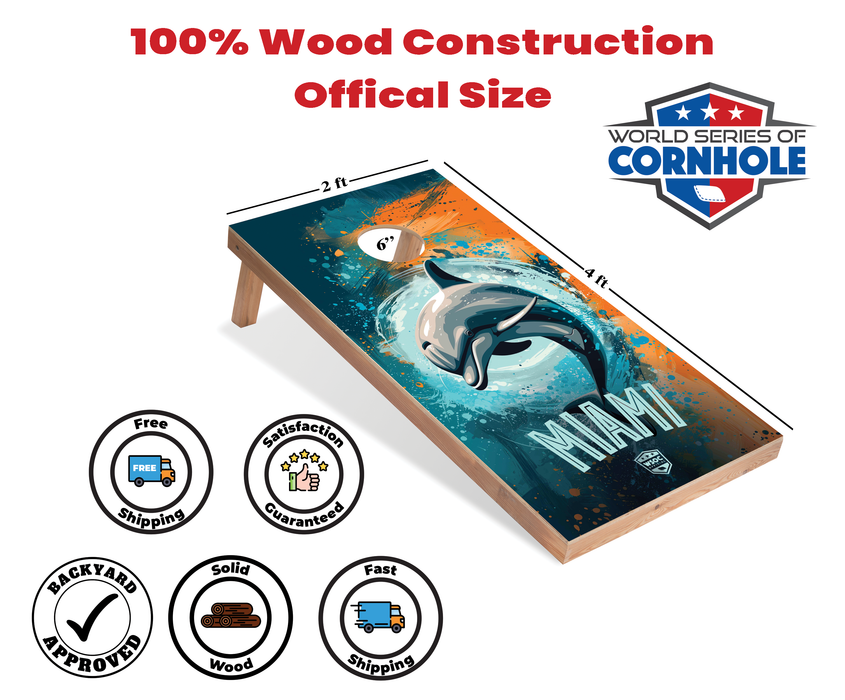World Series of Cornhole Recreational Cornhole Set - Miami Dolphins Boards with Orange and Aqua Bags