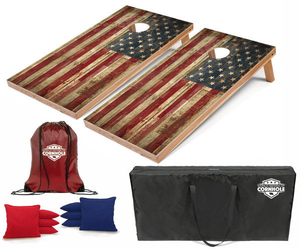 Recreational Cornhole Set World Series of Cornhole Recreational Cornhole Set - Rustic American Flag Boards with Red and Blue Bags