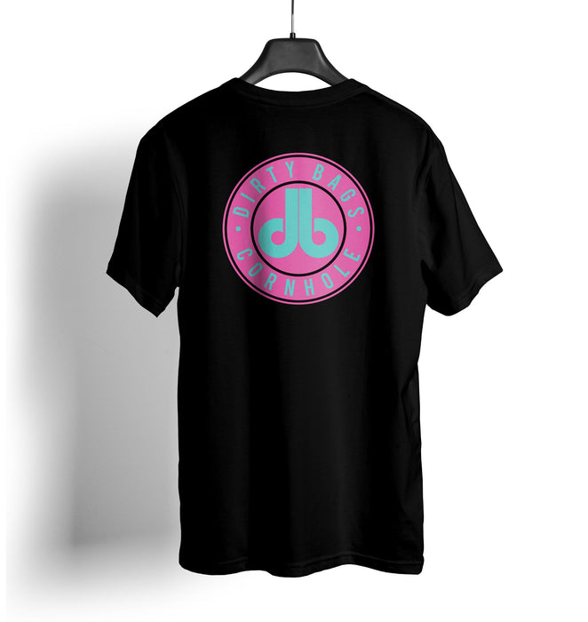 db Cornhole T Shirt - Pink and Turquoise db Badge